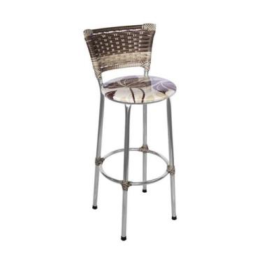 Imagem de Banqueta Alta Cromada com Encosto Junco Capuccino Assento Floral Marro