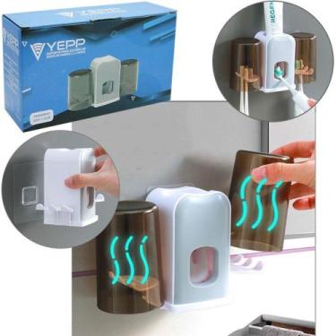 Imagem de porta escova dental de parede de plastico com 2 copos + dispenser para