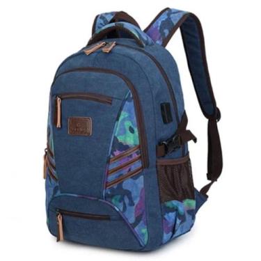 Imagem de Mochila Masculina de Lona Com Entrada USB Para Notebook - AOLIDA, Azul