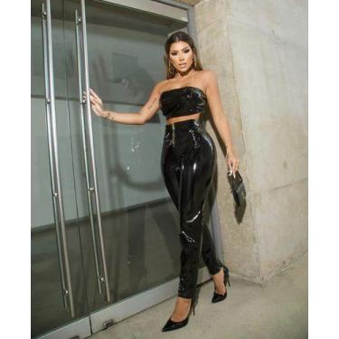 Imagem de Conjunto Brilho Em Vinil Calça Justa E Top sem alça - Luh May, P, Pret