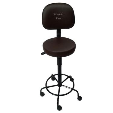 Imagem de Cadeira mocho caixa alta com encosto secretaria - base de ferro e rodízio para recepção mercado balcão corano marrom