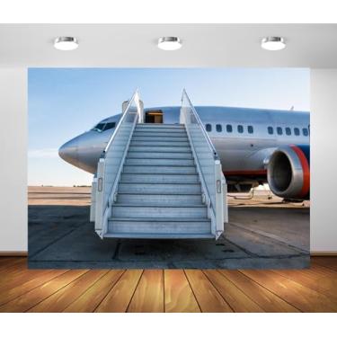 Imagem de BELECO Pano de fundo de avião de tecido de 2,1 x 1,5 m com degraus de embarque no fundo do avental do aeroporto decorações de festa de aniversário estúdio cabine de estúdio adereços para fotos