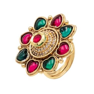 Imagem de Bodha Anel de dedo tradicional indiano banhado a ouro puro Kundan, pérolas e CZ cravejado de grande design para mulheres, Metal, Sem pedra preciosa
