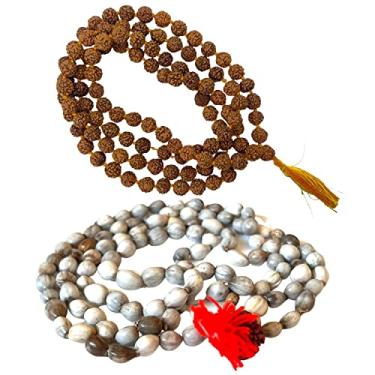 Imagem de NAISHA Pacote com 2 contas brancas originais Vaijanti Mala e Rudraksha Mala 108 + 1 miçangas Japa Mala 5 faces Panch Mukhi Rudraksha Seed para mantra jaap diário com borla, free size, Madeira,