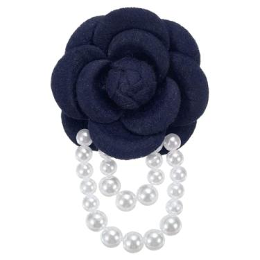 Imagem de PATIKIL Broches de flor de camélia de tecido, broches elegantes de borla de pérola broches florais pulseira de uso duplo para mulheres terno chapéu camisa gravata corsage, azul marinho, Metal, pérola