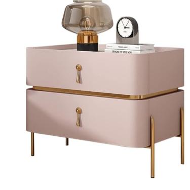 Imagem de Mesa de cabeceira moderna de meados do século | Mesa de cabeceira para decoração de casa com pernas de metal e 2 gavetas de armazenamento | Mesa lateral contemporânea para sala de estar, quarto, rosa