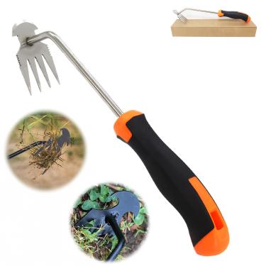 Imagem de BUT FLY Extrator de ervas daninhas manual de aço inoxidável com 4 garras de ação dupla com aderência ergonômica, ferramenta de jardim durável para remoção eficiente de raízes, extração de ervas