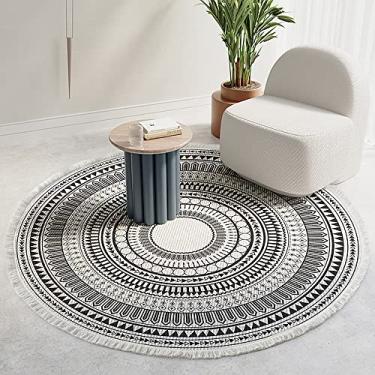 Imagem de Poowe Tapete de algodão redondo com borla de tecido tapete lavável para sala de estar quarto cozinha banheiro (formas preto)