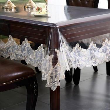 Imagem de Qubjus Toalha de mesa de plástico transparente impermeável retangular vinil toalha de mesa com renda bordada para jantar cozinha buffet festas de banquete (152 x 218 cm, flor champanhe)