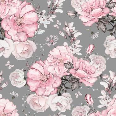 Imagem de VEELIKE Papel de parede floral rosa cinza e adesivo vintage rosa floral para quarto de meninas quarto berçário 48 x 39 cm aquarela floral art déco papel de contato pré-colado para armários de parede