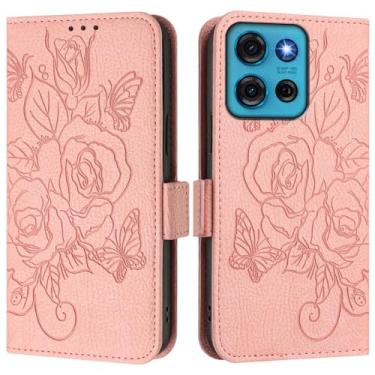Imagem de Capa carteira rosa e borboleta em relevo para Motorola Moto G75, [bloqueio RFID] [suporta carregamento sem fio] 3 compartimentos para cartão e 1 compartimento para dinheiro, capa flip com fivela
