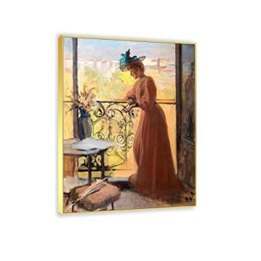 Imagem de JZSDGB Moldura dourada - Impressão em tela de arte de parede famosa reprodução de pintura - "Lady on the Balconyby Albert Edelfelt Giclee Impressão em tela e pôsteres-arte de parede em tela imagens de