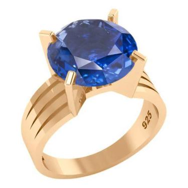 Imagem de Anel Solitário Prata 925 Dourada 18k - Safira Grande - Tudo Prata, 25