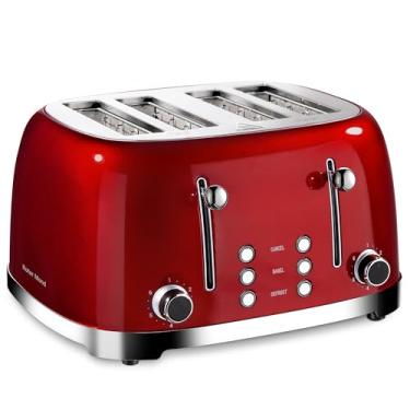 Imagem de Roter Mond 4 Slice Toaster Retro Stainless Steel with Bagel Defrost Cancel Function, 6 Browning Settings, Extre Wide Slot and Removable Crumb Tray, Red, ST033