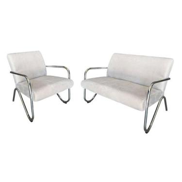 Imagem de Kit Namoradeira + Poltrona Decorativa Bela Suede Bege Braço Cromado - 