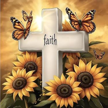 Imagem de F-CANLAN Kit de pintura de diamante redondo completo 5D Faith Diamond Art Kits para adultos pintura de diamante com cruz de girassol com cruz de gema borboleta pintura de diamante para adultos