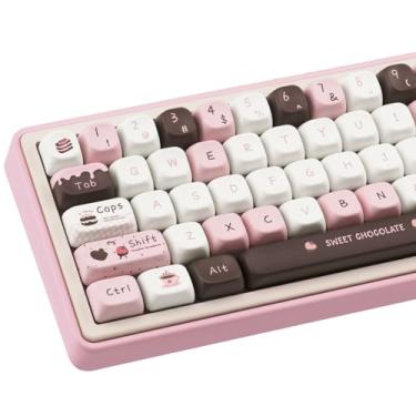 Imagem de COOMICKEY Teclas PBT 145 teclas, conjunto de teclas personalizadas PBT de sublimação de tinta, teclas de chocolate rosa, conjunto de teclas fofas com perfil FOA para teclado mecânico Cherry Gateron MX