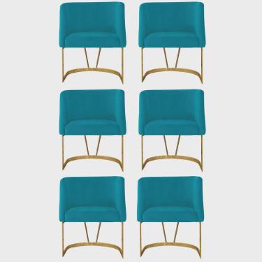 Imagem de Kit 06 Poltrona Cadeira Aurora Luxo Confort Industrial Ferro Dourado Veludo Azul Turquesa - Ahz Móveis