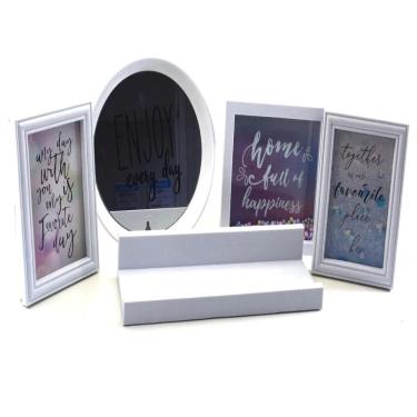 Imagem de Kit Decoracao Prateleira Espelho Quadro E Porta Retrato De Parede Completo Com 5 Peças Casa Sala Escritorio