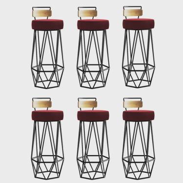 Imagem de Kit 06 Banqueta Com Encosto Botti Hexágono Cozinha Peroba Rosa Ferro Preto Sintético Vermelho - Ahz Móveis