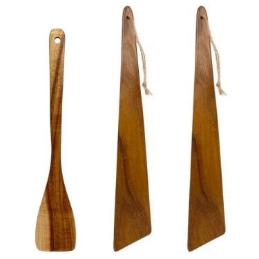Imagem de UPTALY 1 espátula fina de madeira para omelete (27 cm), 2 raspadores angulares de cozinha (30 cm), madeira de acácia, espátula de madeira pequena, para ovos fritos, frigideira e frigideira (A3)