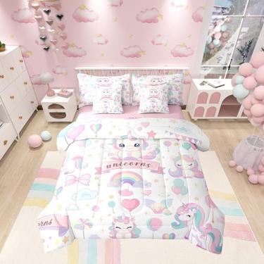 Imagem de Conjunto de edredom de 7 peças de unicórnios de desenho animado, estrelas, arco-íris, balões de princesa, para meninas e mulheres, animais adoráveis (edredom + lençol de cima + 2 fronhas + 2 fronhas