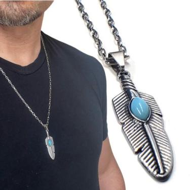 Imagem de Colar Cordão Masculino com Pingente de Pena em Aço Inoxidável - C2Cam,