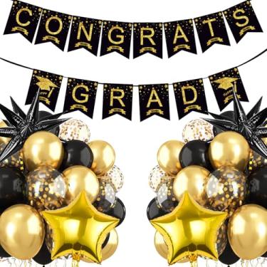 Imagem de Black and Gold Balloons Set 21 Pcs Congrats Grad Balloons Foil Star and Exploding Star Balloon 12 Inch Gold and Black Confetti Balloons with Ribbons for Boy Girls Graduation Party Decorations Supplies