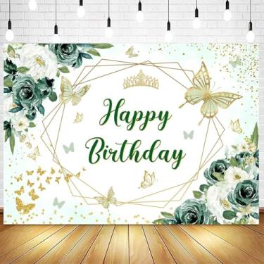 Imagem de InMemory Pano de fundo floral de borboleta, flores douradas e verdes, com glitter, borboletas, meninas, mulheres, 15, 16, 18, 20, 30, 40, 50 anos, festa de aniversário, decoração de foto banner 1,8 x