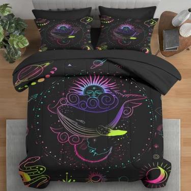 Imagem de Pamnest Jogo de edredom Queen, vintage, sol, lua, 7 peças, espaço retrô, gótico, colorido, com elástico, 2 fronhas e 2 fronhas para decoração de quarto