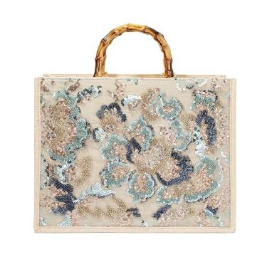 Imagem de Abvokury Bolsa de mão floral bordada com alça de bambu para festa de casamento, Azul