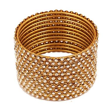 Imagem de Conjunto de 12 pulseiras de designer Touchstone coleção de pingentes dourados indianos Bollywood deslumbrantes com strass transparente enfeitado fino e charmoso para mulheres em tom de ouro antigo. Dourado