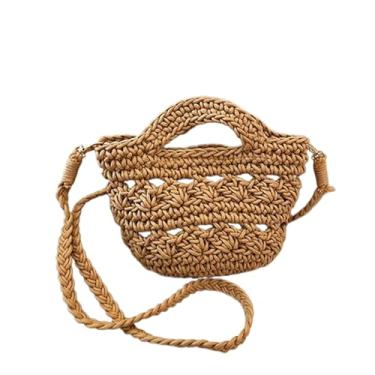 Imagem de zaoalife Bolsa feminina de palha, bolsa de ombro transversal de tecido, bolsa de mão para o verão, bolsa tiracolo tecida à mão, bolsa balde de praia de verão, bolsa de ombro de crochê, Caqui