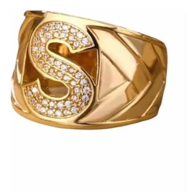 Imagem de Anel Feminino De Letra Pedra Cravejada Banhado A Ouro 18K - Tojoia18K