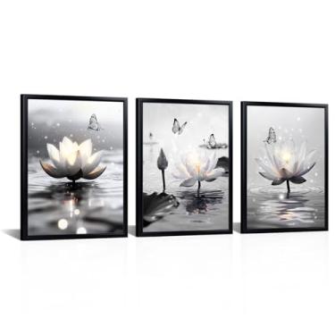 Imagem de Saypeacher Arte de parede emoldurada de flor de lótus, decoração de parede em preto e branco, decoração espiritual zen, meditação, ioga, spa, arte, arte, borboleta, impressões em tela para banheiro