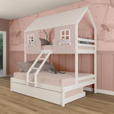 Imagem de Treliche Casal/ Solteiro Casinha Encantada Madeira Maciça Rosa/ Branco Megamobilia