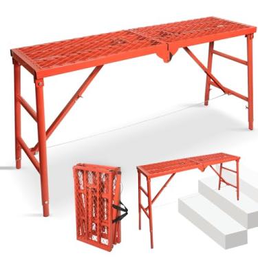 Imagem de LEADALLWAY Plataforma de andaime 149 cm (C) x 38 cm (L) x 76 cm (A) Andaime dobrável ajustável para escadas, plataforma de trabalho portátil, capacidade de 350 kg, vermelho