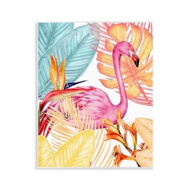 Imagem de Stupell Industries Design artístico de placa de parede flamingo e flora tropical por Kim Allen, 28 x 35 cm