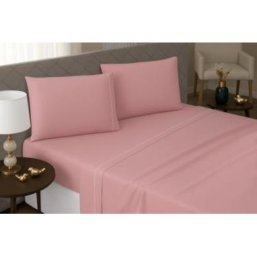 Imagem de Jogo de Lençol Casal 4 Peças 300 Fios 100% Algodão Penteado Toque Macio com Elástico e Fronhas Premium (Rosa)