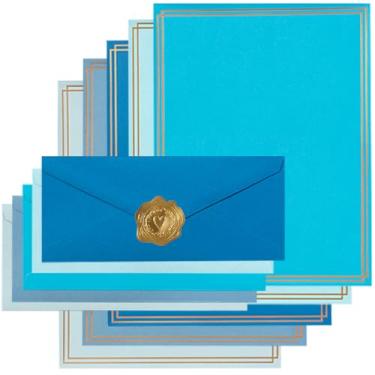 Imagem de Conjunto de 50 artigos de papelaria coloridos, envelopes de negócios nº 10 em 5 cores, 50 folhas de papel 21 x 28 cm e adesivos dourados para escritório, cartas, convites (azul)