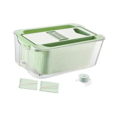 Imagem de IEUDNS Fatiador Mandoline com Cesto de Drenagem para Batata, Cenoura, Ralador de Queijo, Cortador de Frutas Profissional, Fatiador de Vegetais Multifuncional, Verde com 3 Lâminas