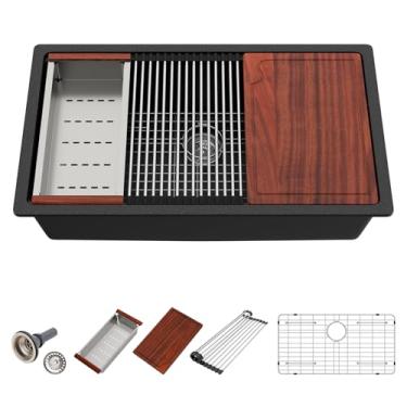 Imagem de Beslend Pia de cozinha composta de granito 33 - pias de cozinha de granito preto de 83 x 48 cm embaixo da pia de quartzo preto com borda de borda clássica sob o balcão pia bacia