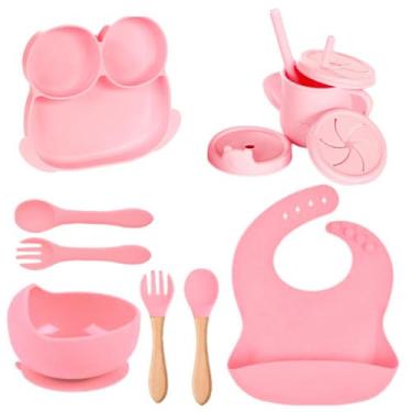 Imagem de Kit 10 Peças Introdução Alimentar Infantil Copo Prato Babador Talheres Tigela Desmame Treinamento Transição Silicone Livre de BPA Antiderrapante (Rosa)