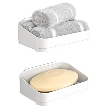 Imagem de SuoXing Pacote Com 2 Saboneteiras E Suporte Para Saboneteira Em Barra Parede De Chuveiro, Bandeja Drenagem Removível Adesivo - Adequado Bancadas Banheiro, Branco