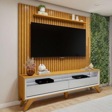 Imagem de Rack com Painel para TV Até 75 Polegadas áustria Paris 2 Gavetas com Led e Vidro Naturallle/Off White - Mavaular