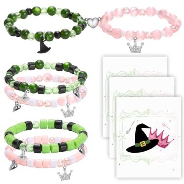 Imagem de Pacote com 6 pulseiras Wicked combinando para melhor amigo, rosa e verde, pulseiras da amizade com cartolina, chapéu de bruxa e coroa, joias, lembrancinhas de festa malvadas, presente para melhores
