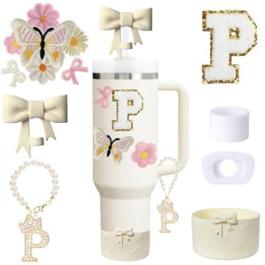Imagem de Conjunto de acessórios de copo Stanley branco de 13 peças para copo de 850 g 1,134 g com alça, incluindo pingente de alça, adesivo inicial personalizado, topo de palha, bota de silicone, tampa à prova
