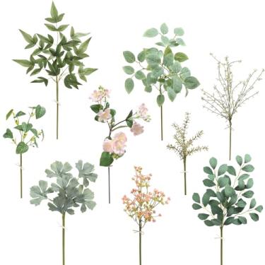 Imagem de Serra Flora Conjunto de caixa de hastes de vegetação artificial, (pacote com 44 peças) com 9 tipos de enchimento verde rosa falso para buquês de noiva e arranjos florais de mesa de mesa