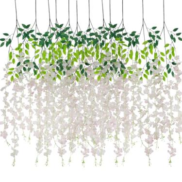 Imagem de CISDUEO Pacote com 12 flores de glicínia para pendurar 10 m, flores falsas, rosa claro, flores artificiais, guirlanda de seda, videira de glicínia para casamento, arco, festa, quarto, decoração de