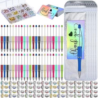 Imagem de Qilery 50 peças de canetas com contas sortidas com 50 peças de cartões holográficos de agradecimentos 50 peças sacos de caneta 600 peças de contas espaçadoras redondas coloridas para crianças estudantes DIY material escolar de escritório